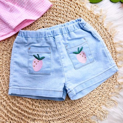 Conj. Regata Xadrez e Short Jeans Morangos - Rosa